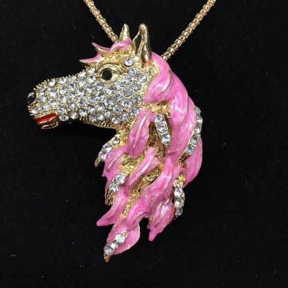Pink Rhinestone Unicorn Pin and Necklace Combo - NEW Drawer 6 - Picture 1 of 5